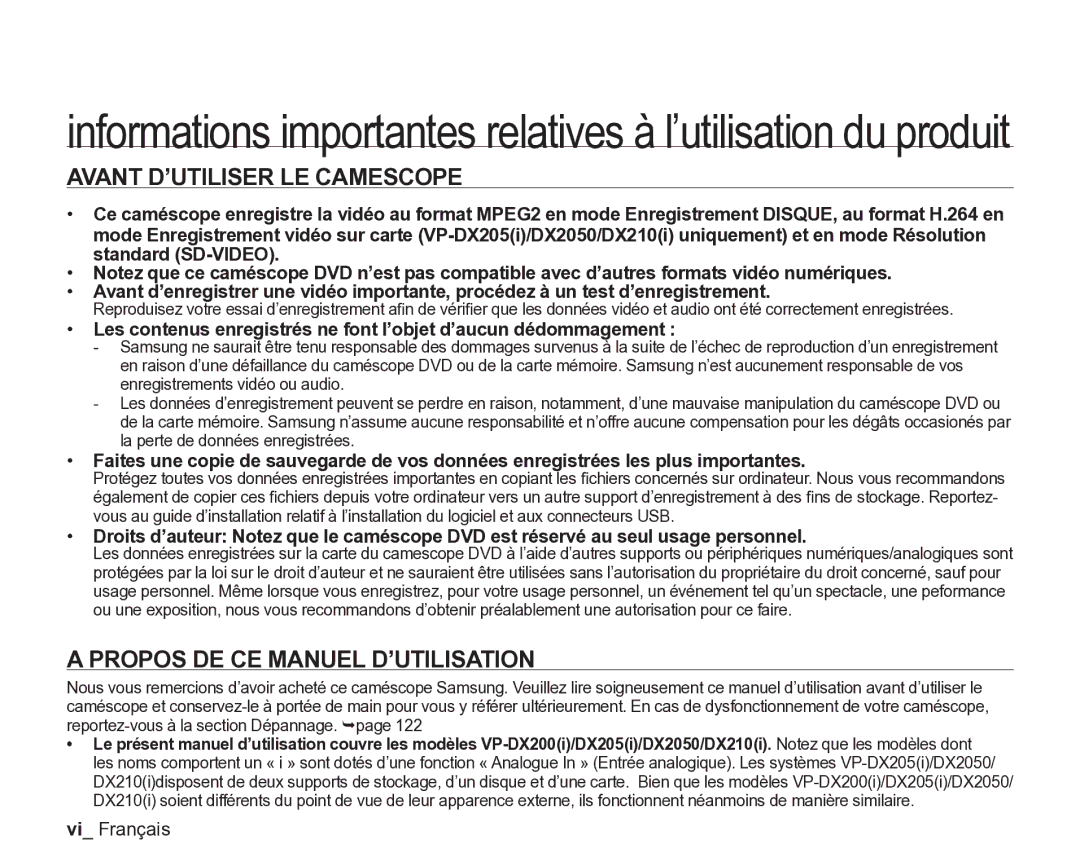 Samsung VP-DX2050/EDC, VP-DX205/EDC manual Avant D’UTILISER LE Camescope, Propos DE CE Manuel D’UTILISATION, Vi Français 