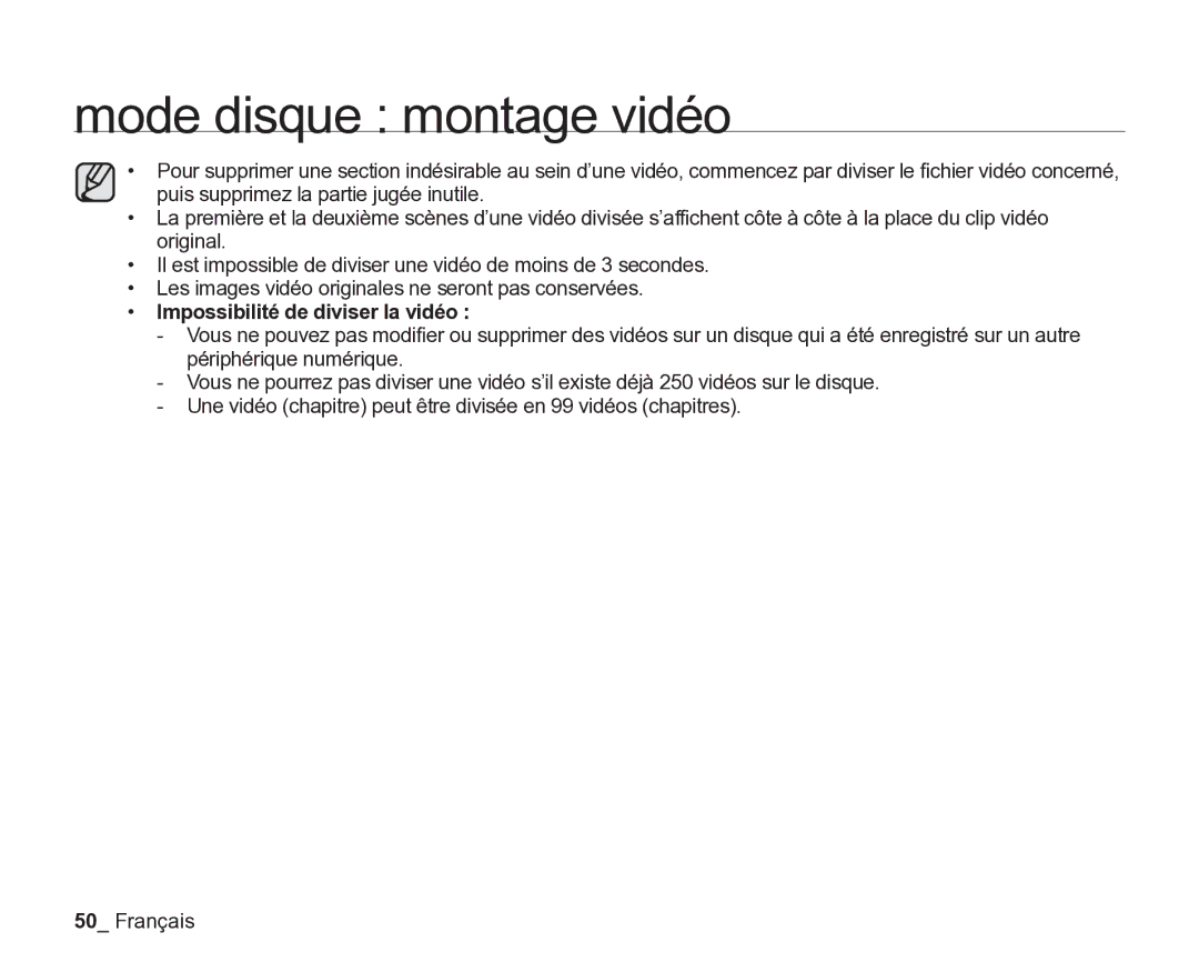 Samsung VP-DX2050/EDC, VP-DX205/EDC, VP-DX200/EDC manual Impossibilité de diviser la vidéo 