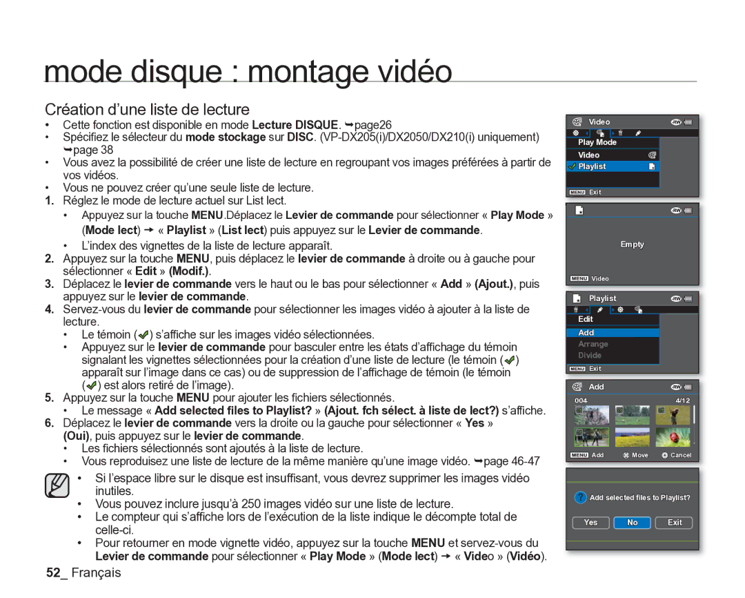 Samsung VP-DX200/EDC, VP-DX2050/EDC, VP-DX205/EDC manual Création d’une liste de lecture 