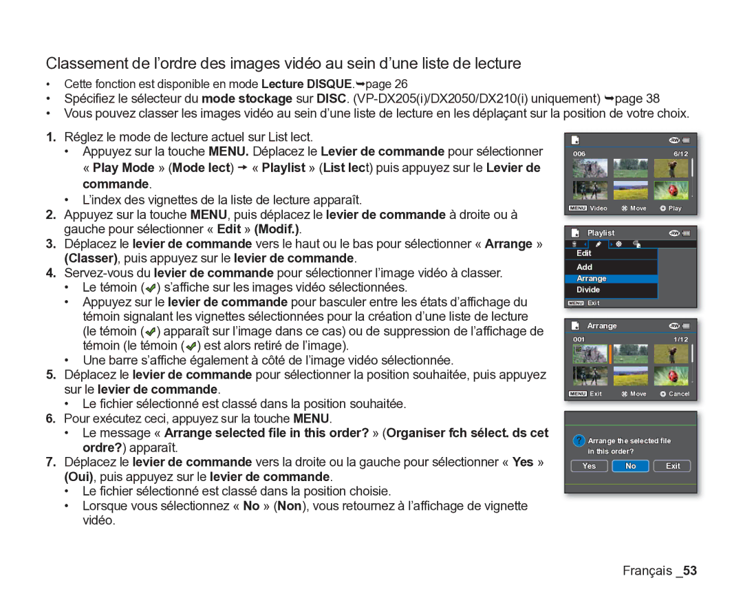 Samsung VP-DX2050/EDC, VP-DX205/EDC, VP-DX200/EDC manual Cette fonction est disponible en mode Lecture DISQUE.¬page 