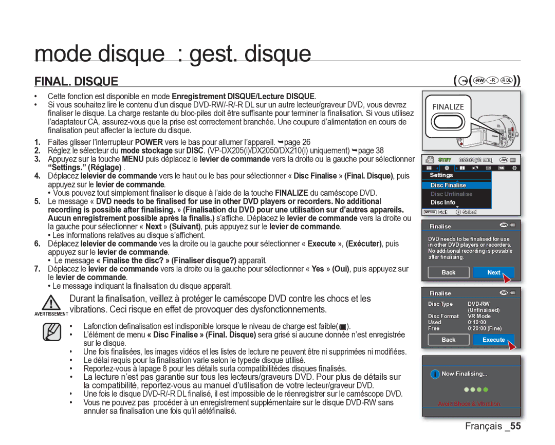 Samsung VP-DX200/EDC manual Mode disque gest. disque, FINAL. Disque, Settings. Réglage, Appuyez sur le levier de commande 