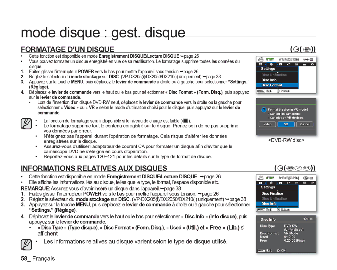 Samsung VP-DX200/EDC manual Formatage D’UN Disque, Informations Relatives AUX Disques, Réglage, Sur le levier de commande 