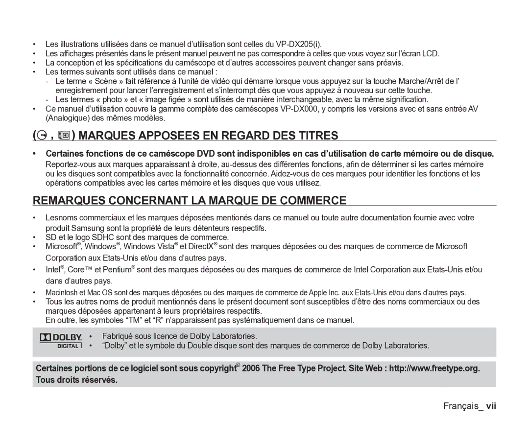 Samsung VP-DX205/EDC, VP-DX2050/EDC manual Marques Apposees EN Regard DES Titres, Remarques Concernant LA Marque DE Commerce 