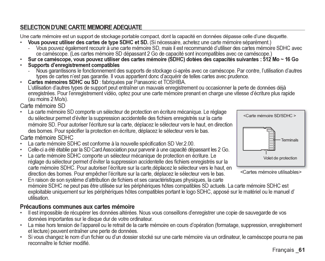 Samsung VP-DX200/EDC, VP-DX2050/EDC manual Selection D’UNE Carte Memoireadequate, Supports d’enregistrement compatibles 