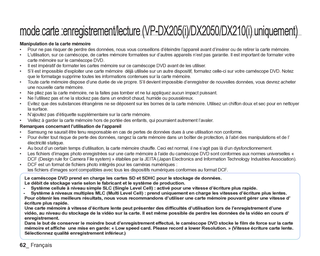 Samsung VP-DX2050/EDC, VP-DX205/EDC Manipulation de la carte mémoire, Remarques concernant l’utilisation de l’appareil 