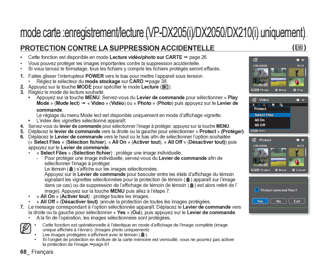 Samsung VP-DX2050/EDC, VP-DX205/EDC, VP-DX200/EDC manual Protection Contre LA Suppression Accidentelle, Commande 