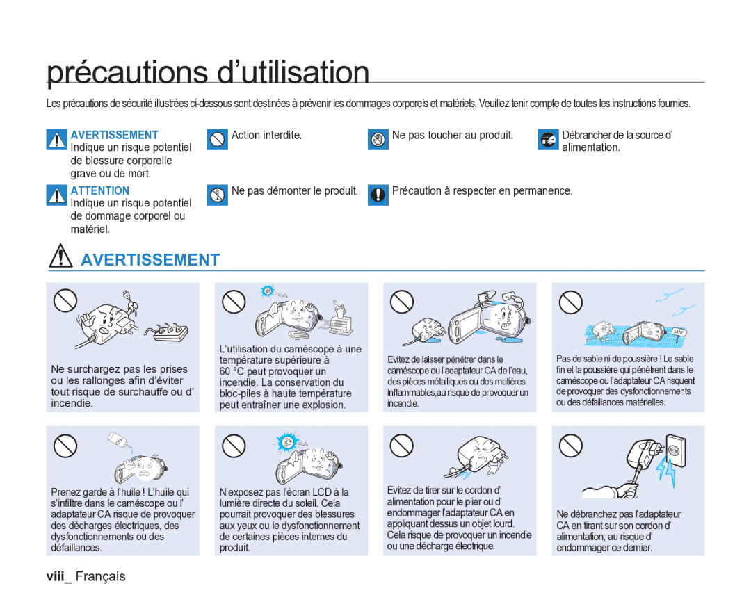 Samsung VP-DX200/EDC, VP-DX2050/EDC Précautions d’utilisation, Viii Français, Action interdite Ne pas toucher au produit 