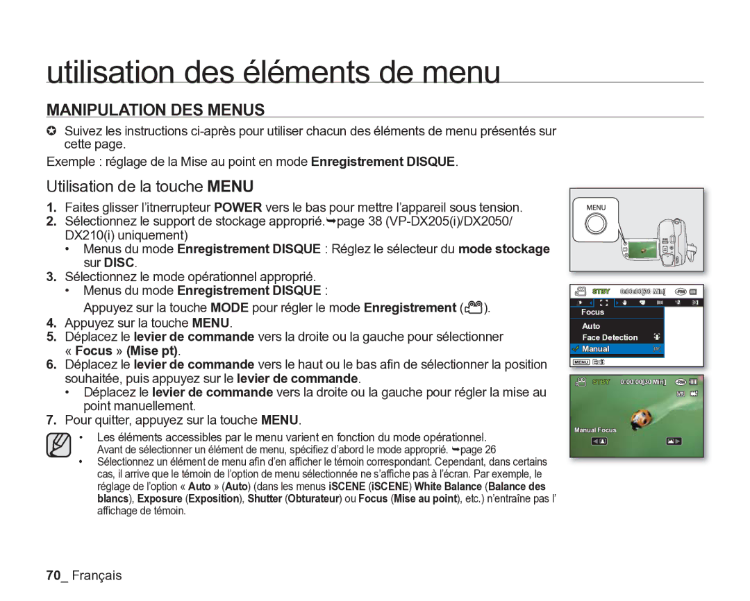 Samsung VP-DX200/EDC manual Utilisation des éléments de menu, Manipulation DES Menus, Menus du mode Enregistrement Disque 