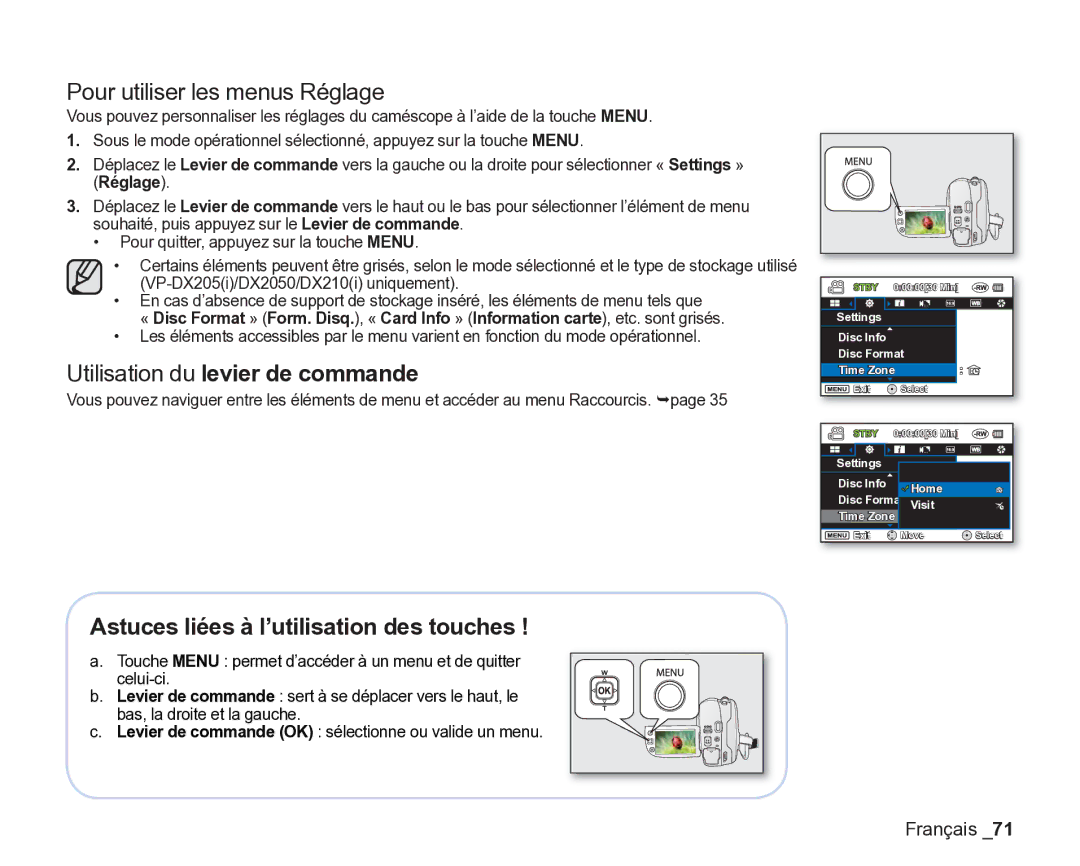 Samsung VP-DX2050/EDC, VP-DX205/EDC, VP-DX200/EDC manual Pour utiliser les menus Réglage, Utilisation du levier de commande 