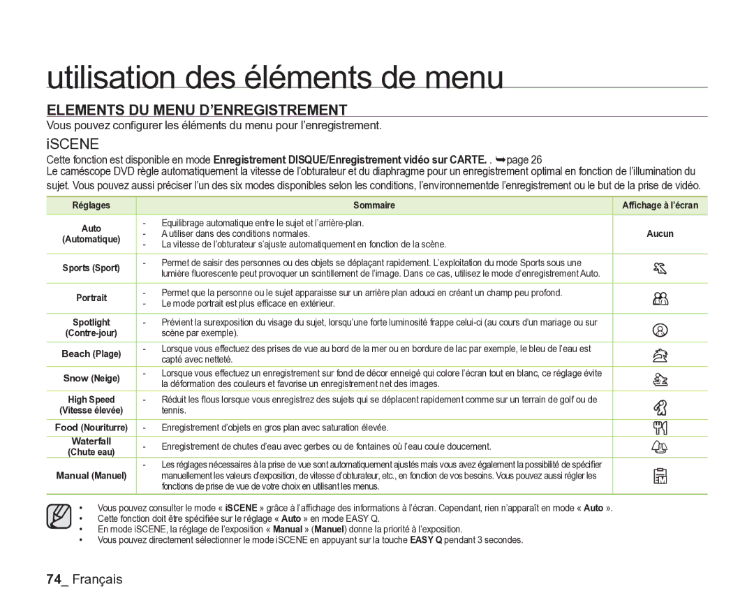 Samsung VP-DX2050/EDC, VP-DX205/EDC, VP-DX200/EDC manual Elements DU Menu D’ENREGISTREMENT 