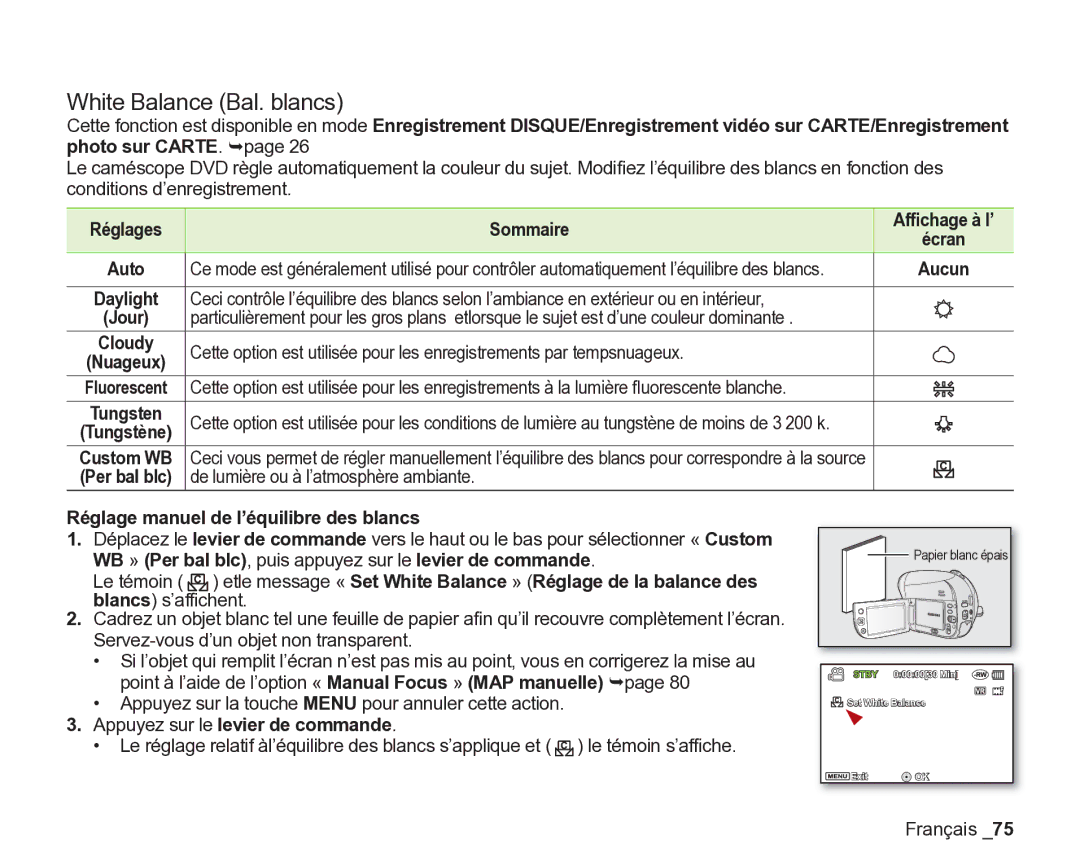 Samsung VP-DX205/EDC manual White Balance Bal. blancs, Réglages Sommaire, Appuyez sur le levier de commande, Afﬁchage à l’ 