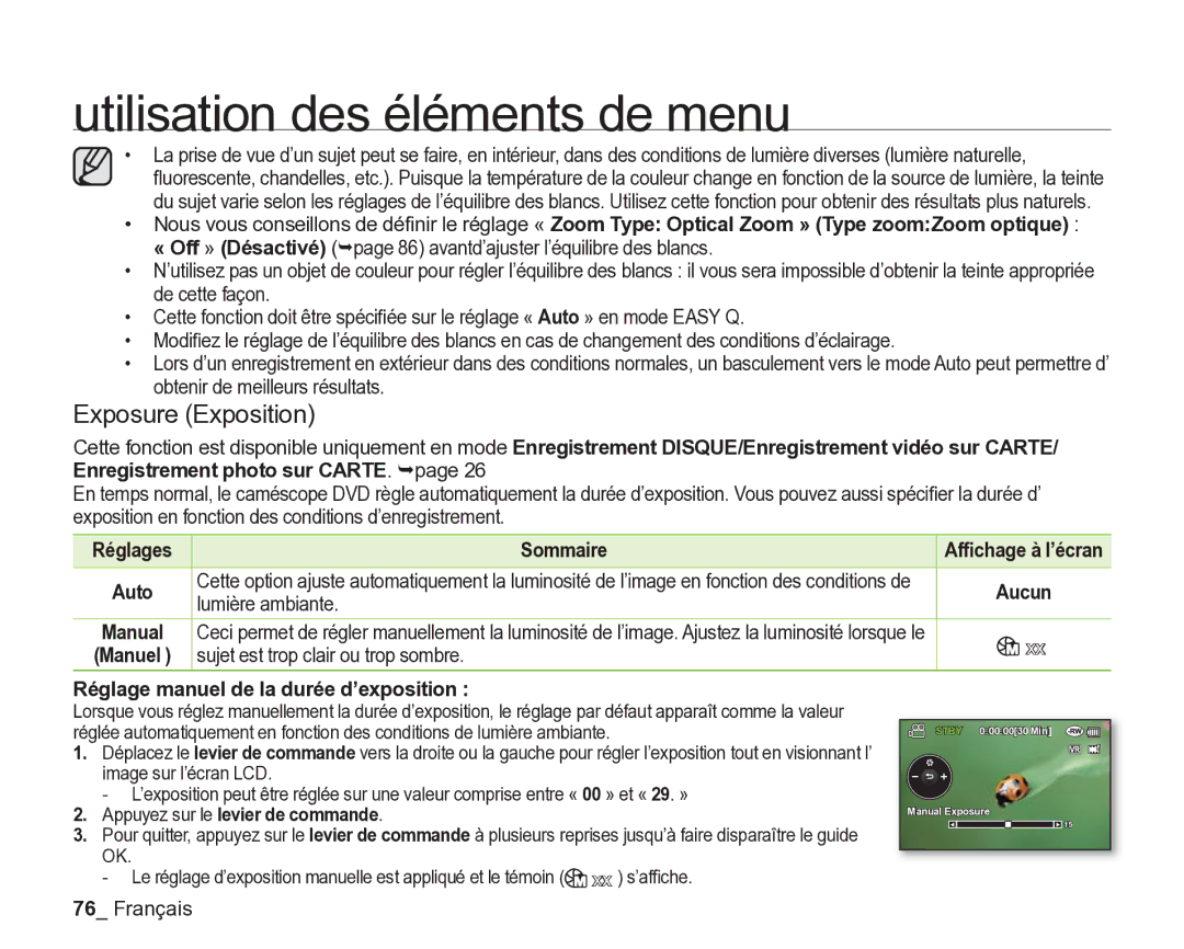 Samsung VP-DX200/EDC, VP-DX2050/EDC manual Exposure Exposition, Lumière ambiante, Sujet est trop clair ou trop sombre 