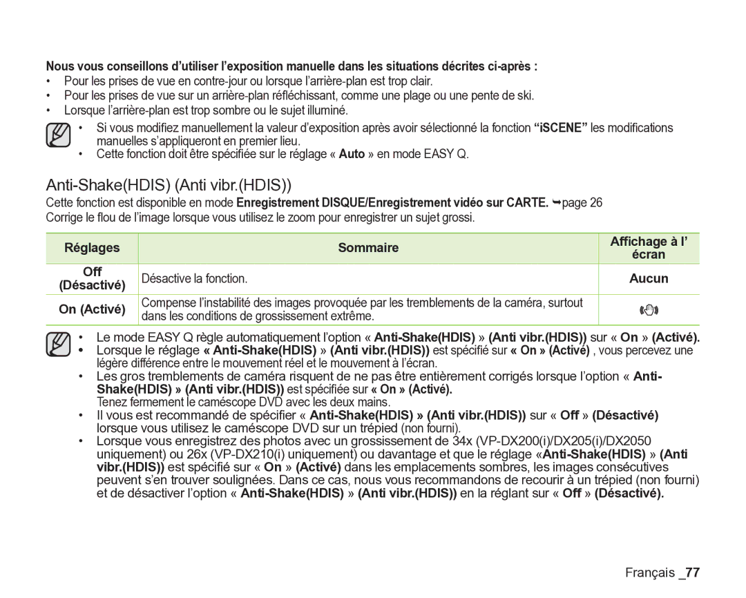 Samsung VP-DX2050/EDC Anti-ShakeHDIS Anti vibr.HDIS, Désactive la fonction, Dans les conditions de grossissement extrême 