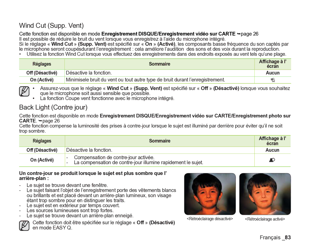 Samsung VP-DX2050/EDC, VP-DX205/EDC, VP-DX200/EDC manual Wind Cut Supp. Vent, Back Light Contre jour 
