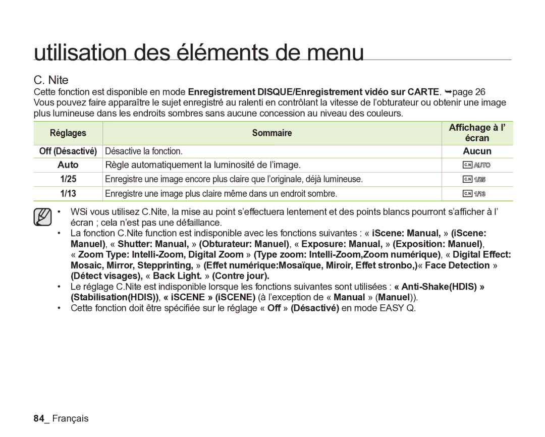 Samsung VP-DX205/EDC, VP-DX2050/EDC, VP-DX200/EDC manual Nite, Écran, Auto, Off Désactivé 