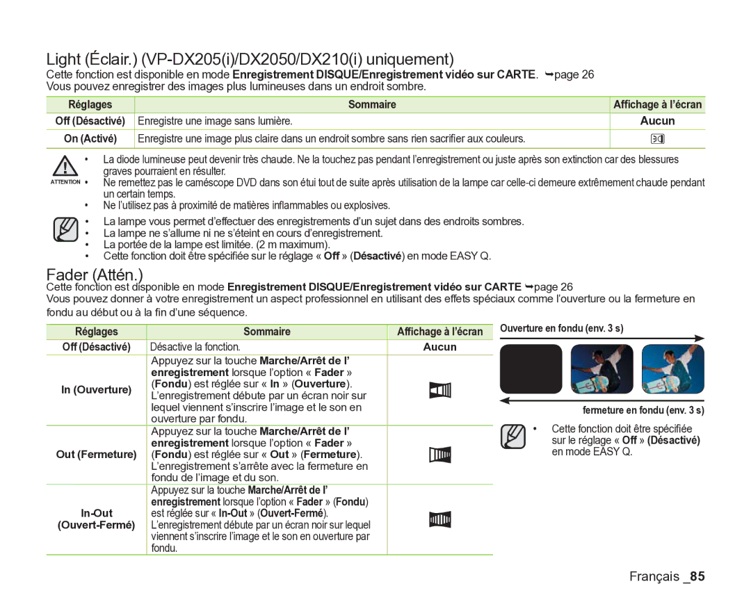 Samsung VP-DX200/EDC, VP-DX2050/EDC, VP-DX205/EDC manual Light Éclair. VP-DX205i/DX2050/DX210i uniquement, Fader Attén 