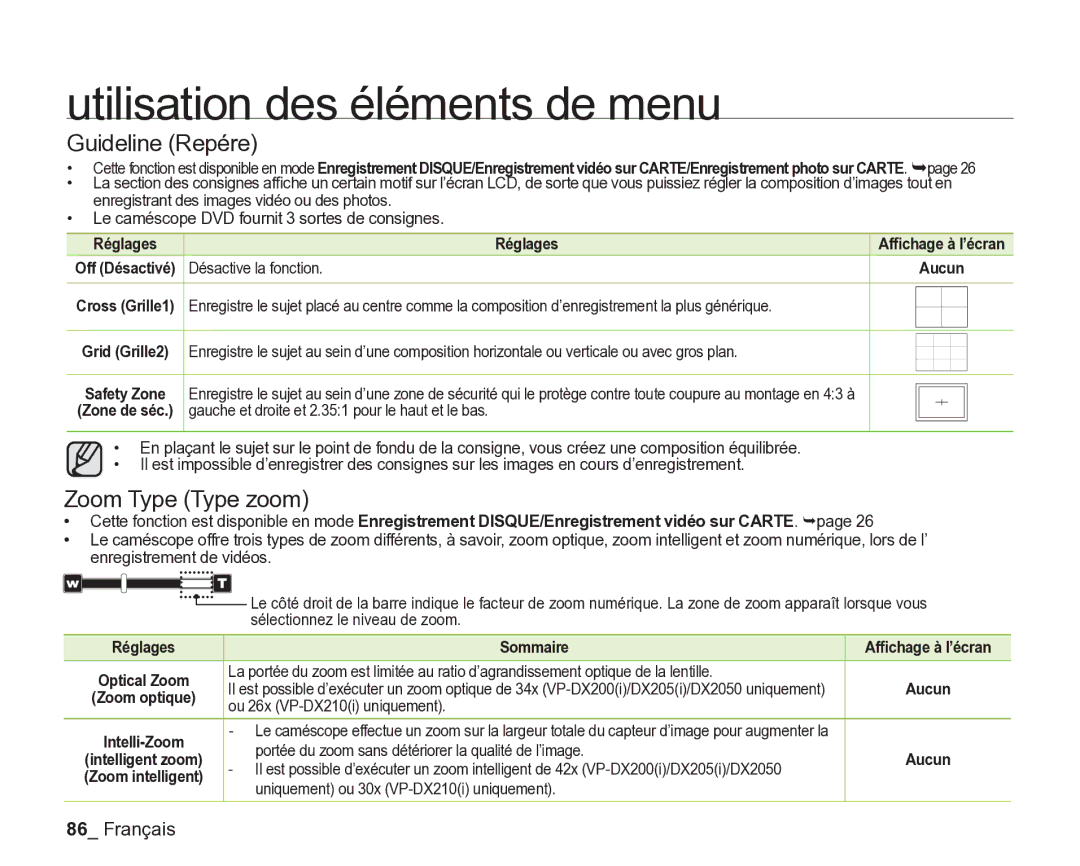 Samsung VP-DX2050/EDC manual Guideline Repére, Zoom Type Type zoom, Gauche et droite et 2.351 pour le haut et le bas 