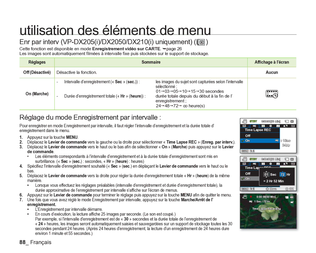 Samsung VP-DX200/EDC Enr par interv VP-DX205i/DX2050/DX210i uniquement, Réglage du mode Enregistrement par intervalle 