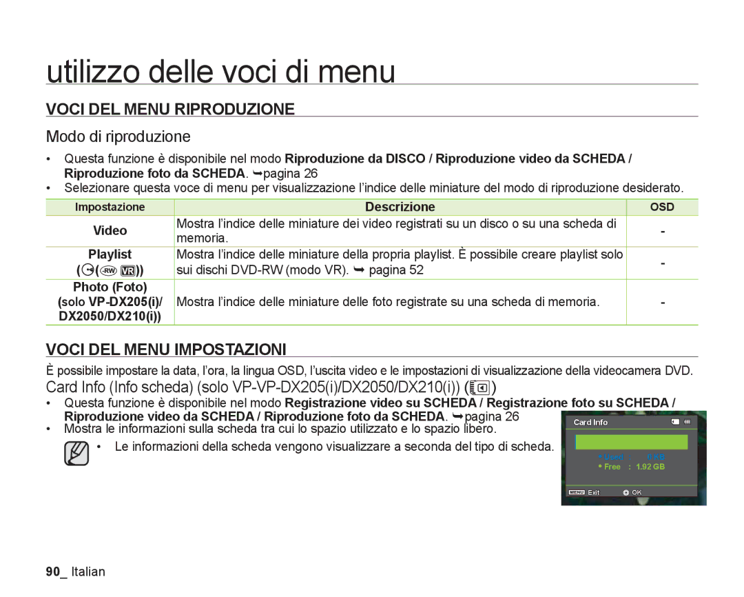 Samsung VP-DX205/EDC, VP-DX200/EDC manual Voci DEL Menu Riproduzione, Modo di riproduzione, Voci DEL Menu Impostazioni 