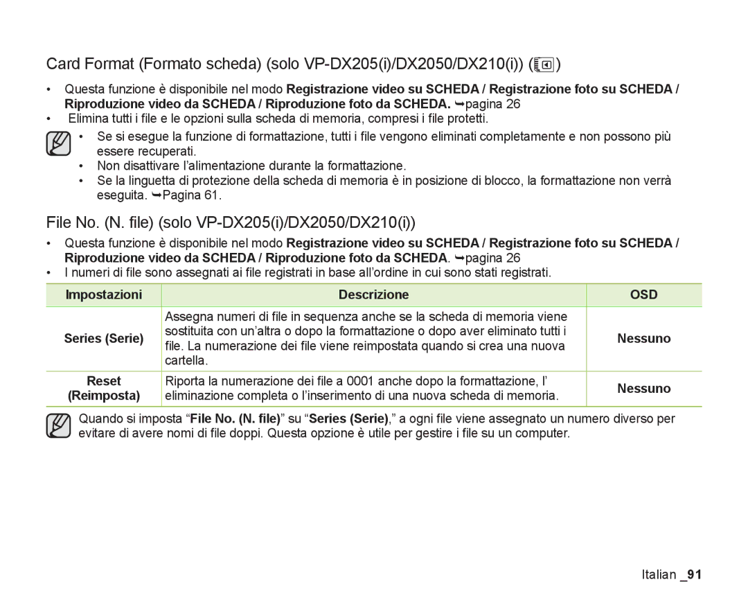 Samsung VP-DX200/EDC Card Format Formato scheda solo VP-DX205i/DX2050/DX210i, File No. N. ﬁle solo VP-DX205i/DX2050/DX210i 