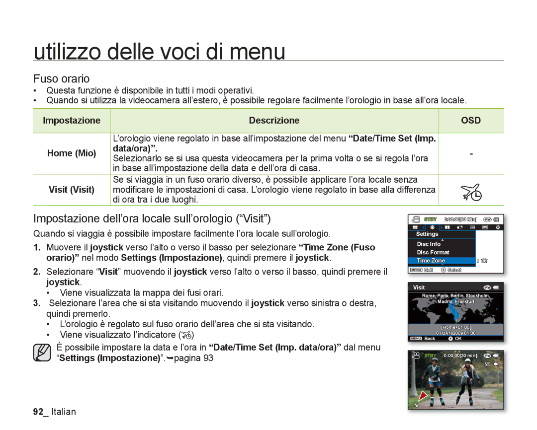 Samsung VP-DX205/EDC, VP-DX200/EDC manual Fuso orario, Impostazione dell’ora locale sull’orologio Visit 