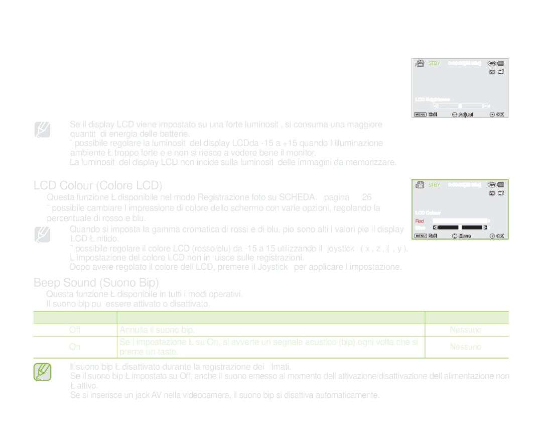 Samsung VP-DX200/EDC LCD Brightness Luminosità LCD, LCD Colour Colore LCD, Beep Sound Suono Bip, Off Annulla il suono bip 