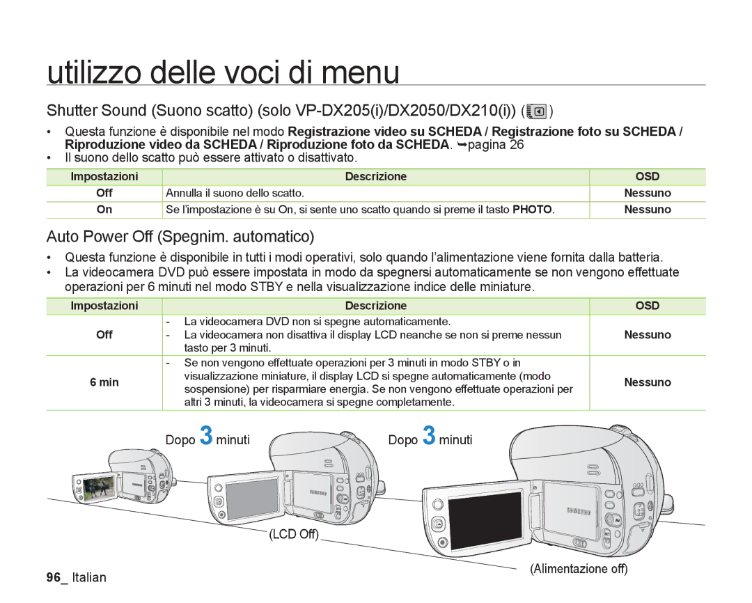 Samsung VP-DX205/EDC Shutter Sound Suono scatto solo VP-DX205i/DX2050/DX210i, Auto Power Off Spegnim. automatico, Min 