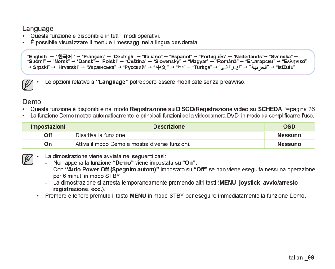 Samsung VP-DX200/EDC, VP-DX205/EDC manual Language, Attiva il modo Demo e mostra diverse funzioni 