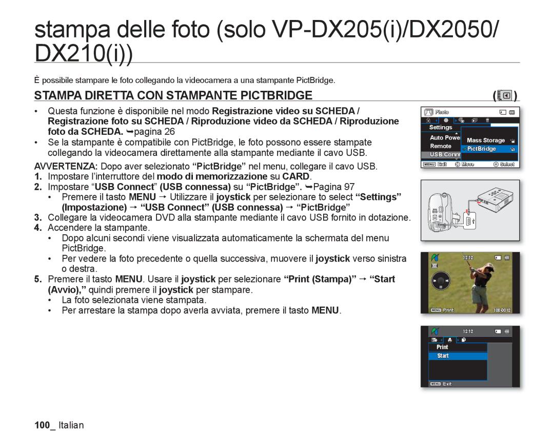 Samsung VP-DX205/EDC manual Stampa delle foto solo VP-DX205i/DX2050/ DX210i, Stampa Diretta CON Stampante Pictbridge 