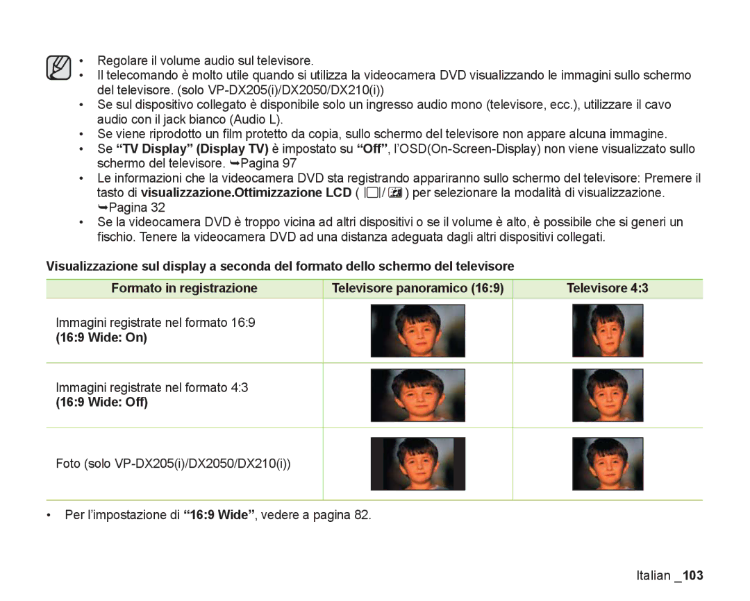 Samsung VP-DX200/EDC, VP-DX205/EDC manual Immagini registrate nel formato, Wide On, Wide Off, Televisore 