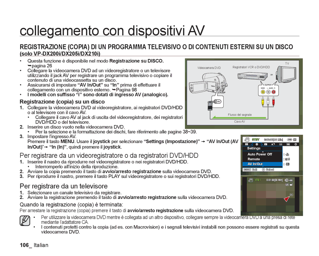 Samsung VP-DX205/EDC manual Per registrare da un televisore, Solo VP-DX200i/DX205i/DX210i, Registrazione copia su un disco 