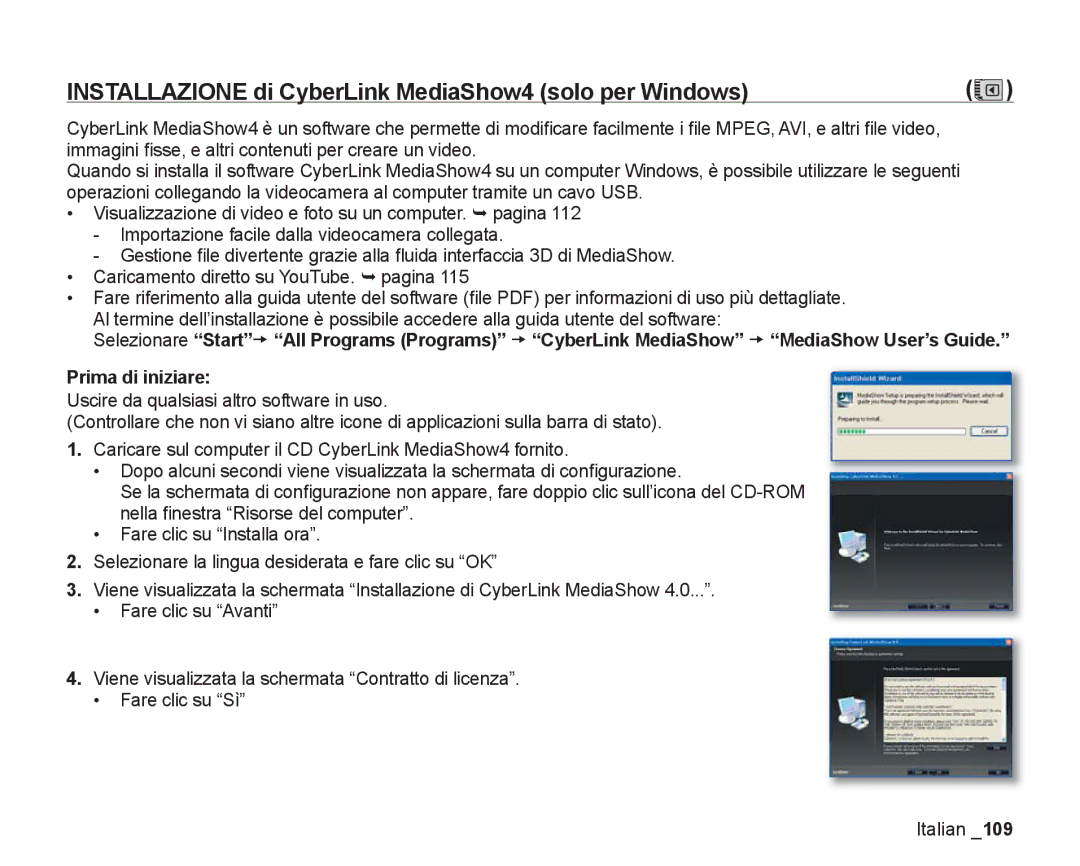 Samsung VP-DX200/EDC, VP-DX205/EDC manual Installazione di CyberLink MediaShow4 solo per Windows, Prima di iniziare 