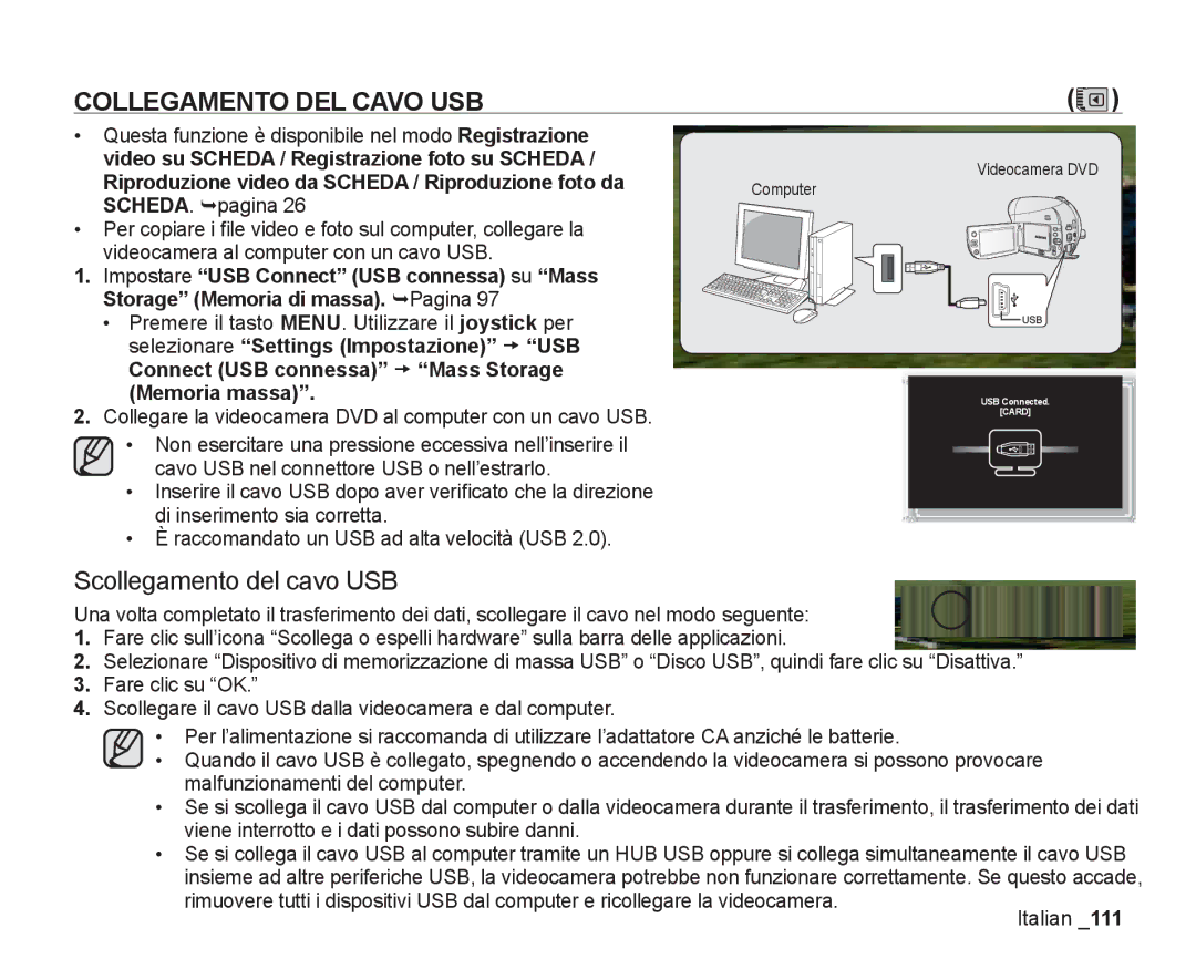 Samsung VP-DX200/EDC, VP-DX205/EDC manual Collegamento DEL Cavo USB, Scollegamento del cavo USB 