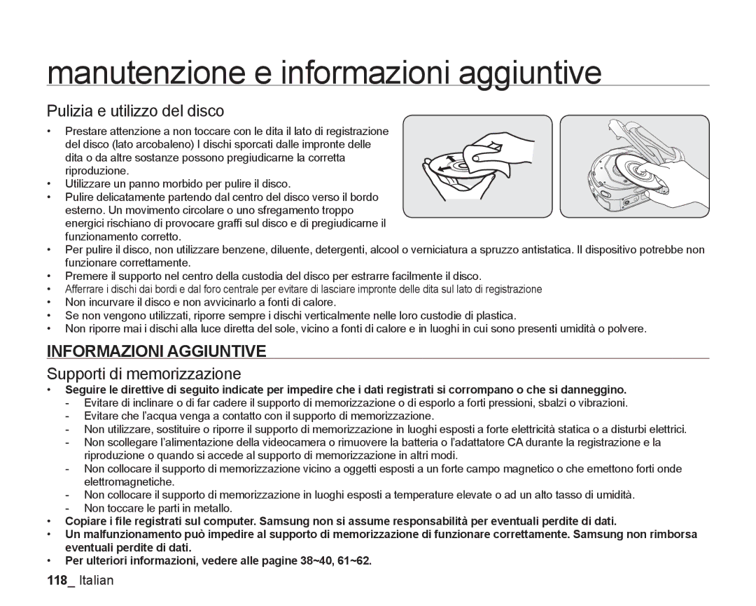 Samsung VP-DX205/EDC, VP-DX200/EDC manual Pulizia e utilizzo del disco, Informazioni Aggiuntive, Supporti di memorizzazione 