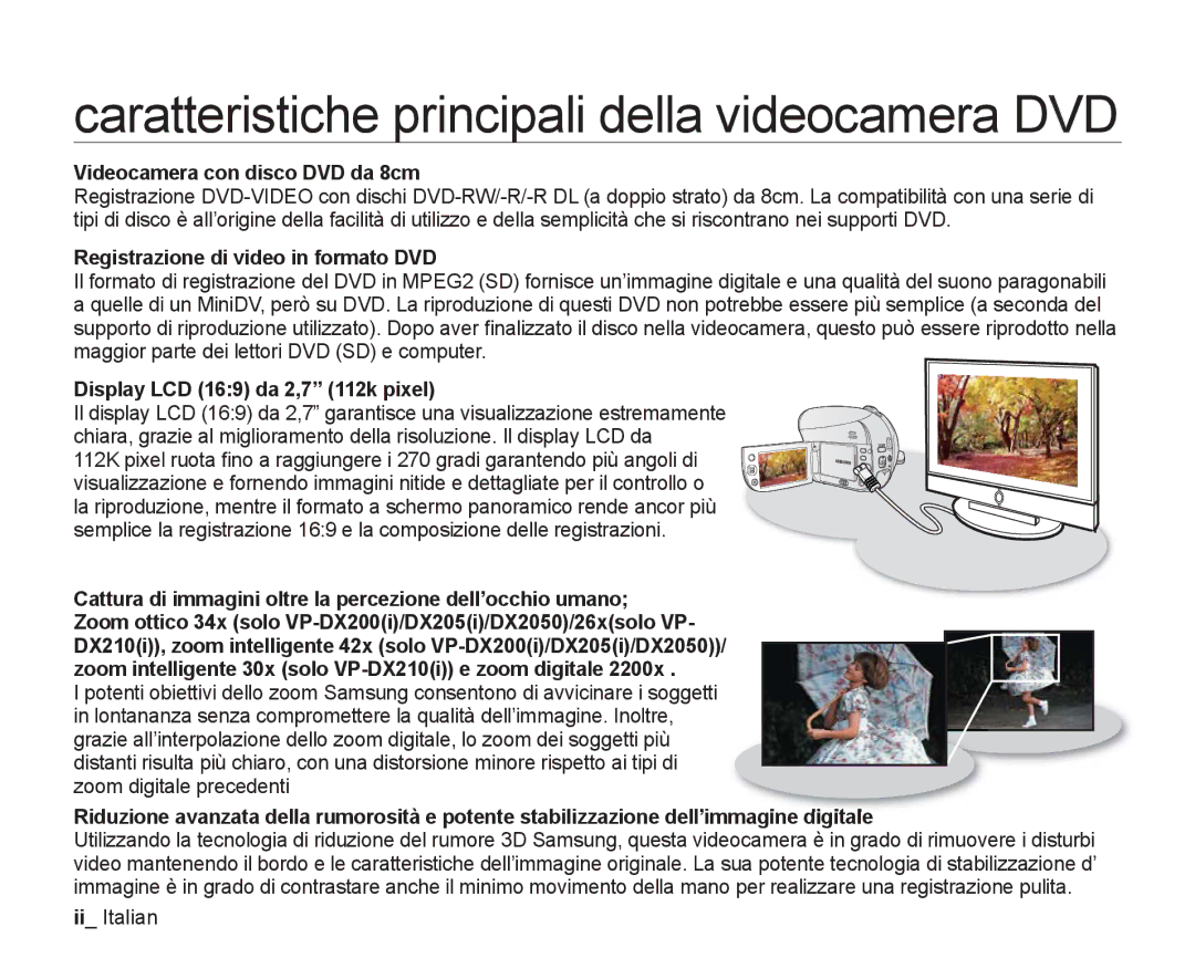 Samsung VP-DX205/EDC, VP-DX200/EDC Videocamera con disco DVD da 8cm, Registrazione di video in formato DVD, Ii Italian 