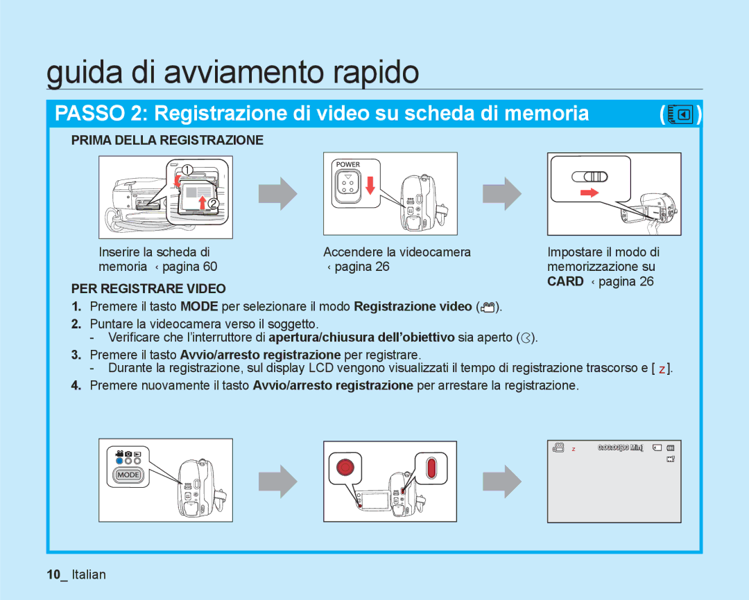 Samsung VP-DX205/EDC, VP-DX200/EDC manual Inserire la scheda di, Memoria ¬pagina, PER Registrare Video 