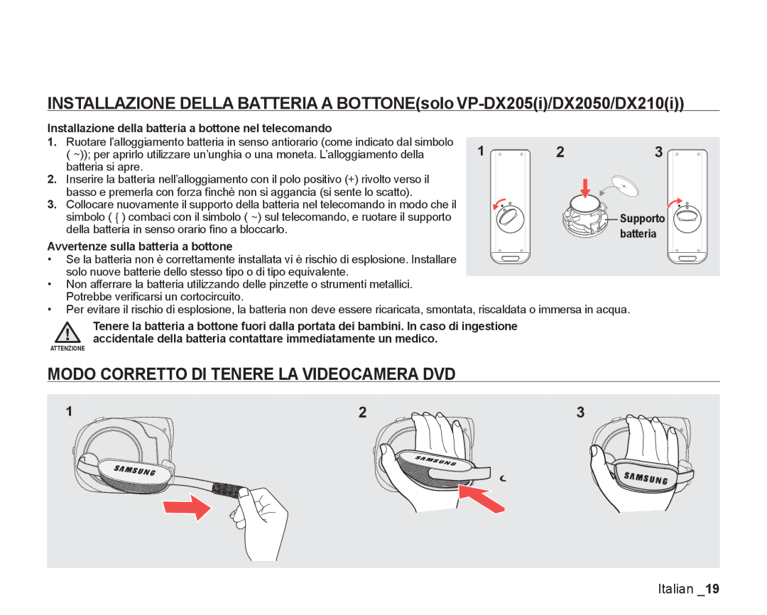 Samsung VP-DX200/EDC Modo Corretto DI Tenere LA Videocamera DVD, Installazione della batteria a bottone nel telecomando 