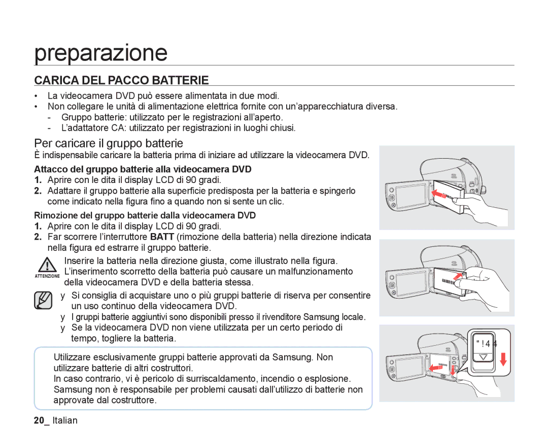 Samsung VP-DX205/EDC, VP-DX200/EDC manual Carica DEL Pacco Batterie, Per caricare il gruppo batterie 