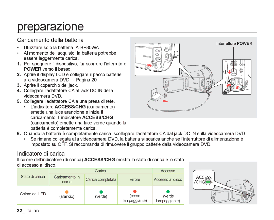 Samsung VP-DX205/EDC, VP-DX200/EDC manual Caricamento della batteria, Indicatore di carica 