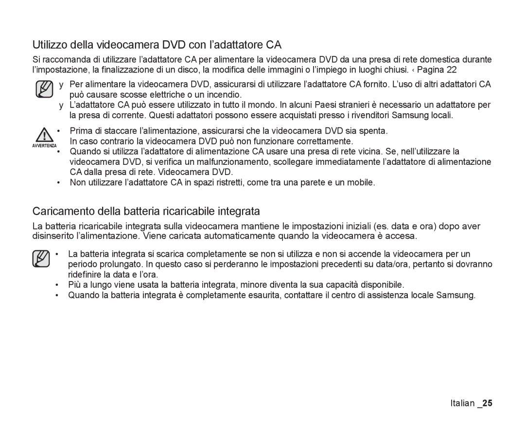 Samsung VP-DX200/EDC Utilizzo della videocamera DVD con l’adattatore CA, Caricamento della batteria ricaricabile integrata 