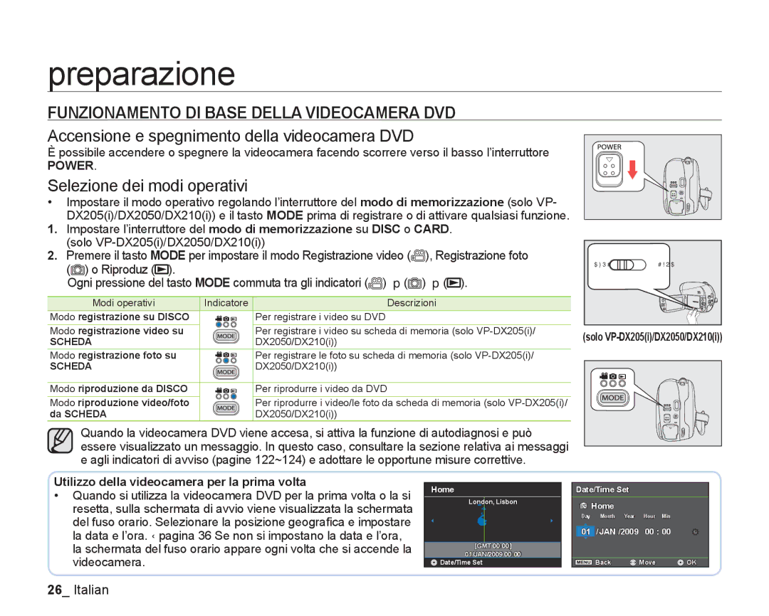 Samsung VP-DX205/EDC manual Funzionamento DI Base Della Videocamera DVD, Accensione e spegnimento della videocamera DVD 