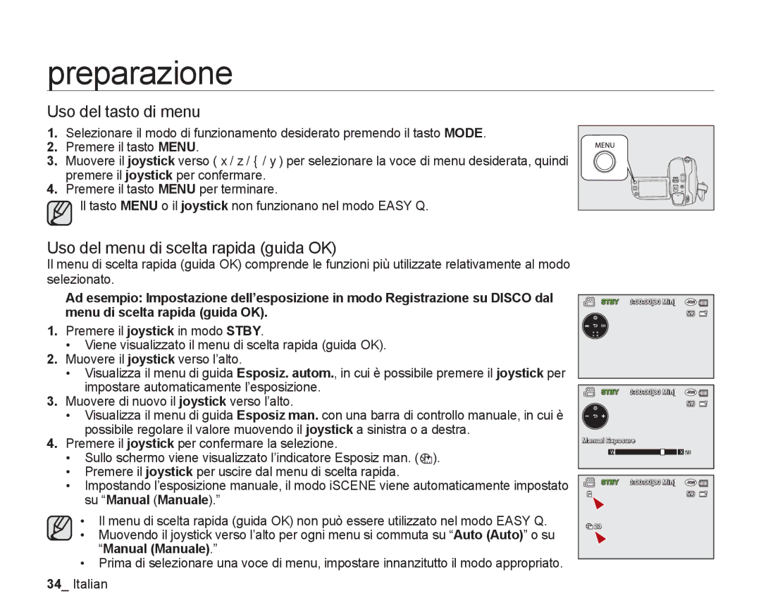 Samsung VP-DX205/EDC, VP-DX200/EDC manual Uso del tasto di menu, Uso del menu di scelta rapida guida OK 