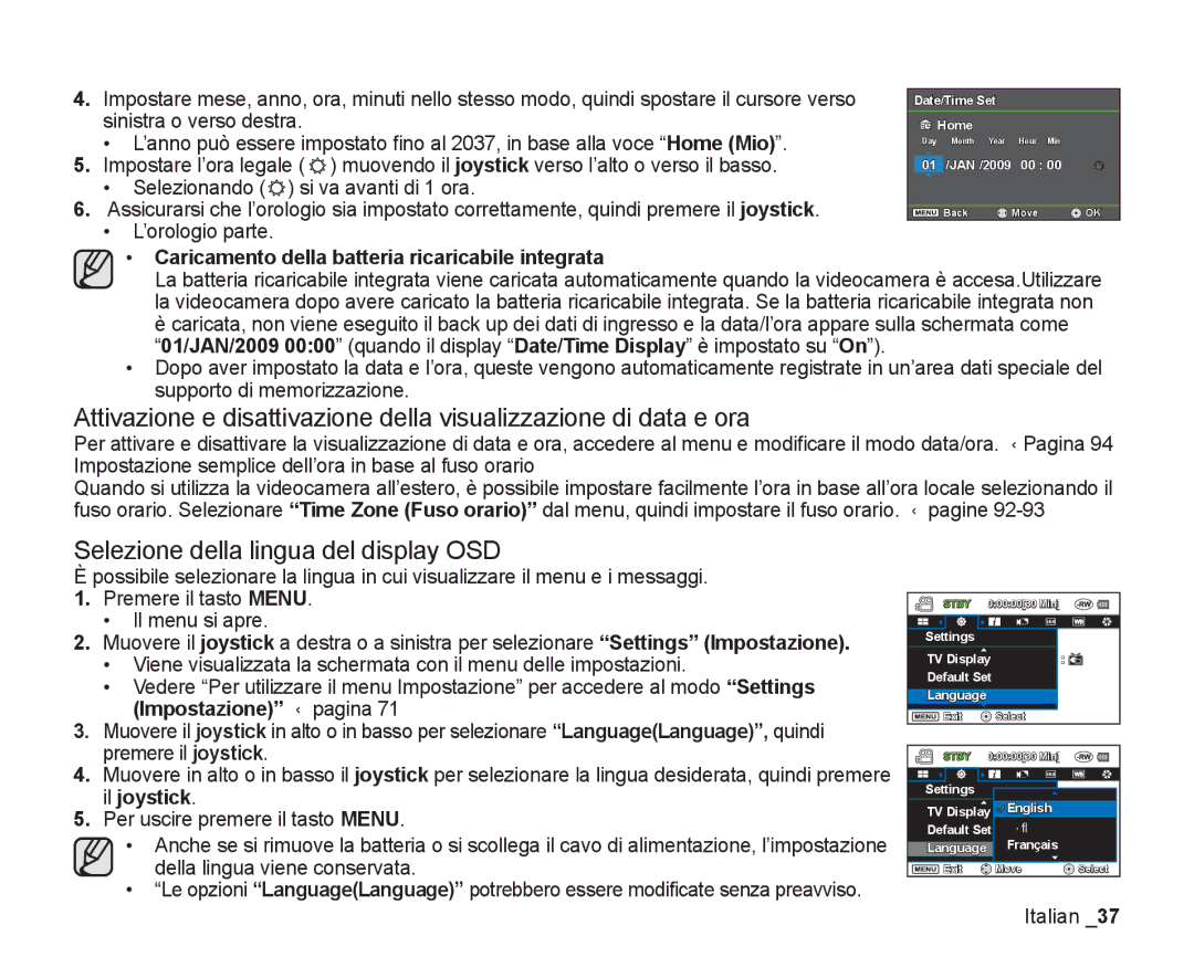 Samsung VP-DX200/EDC manual Selezione della lingua del display OSD, Caricamento della batteria ricaricabile integrata 