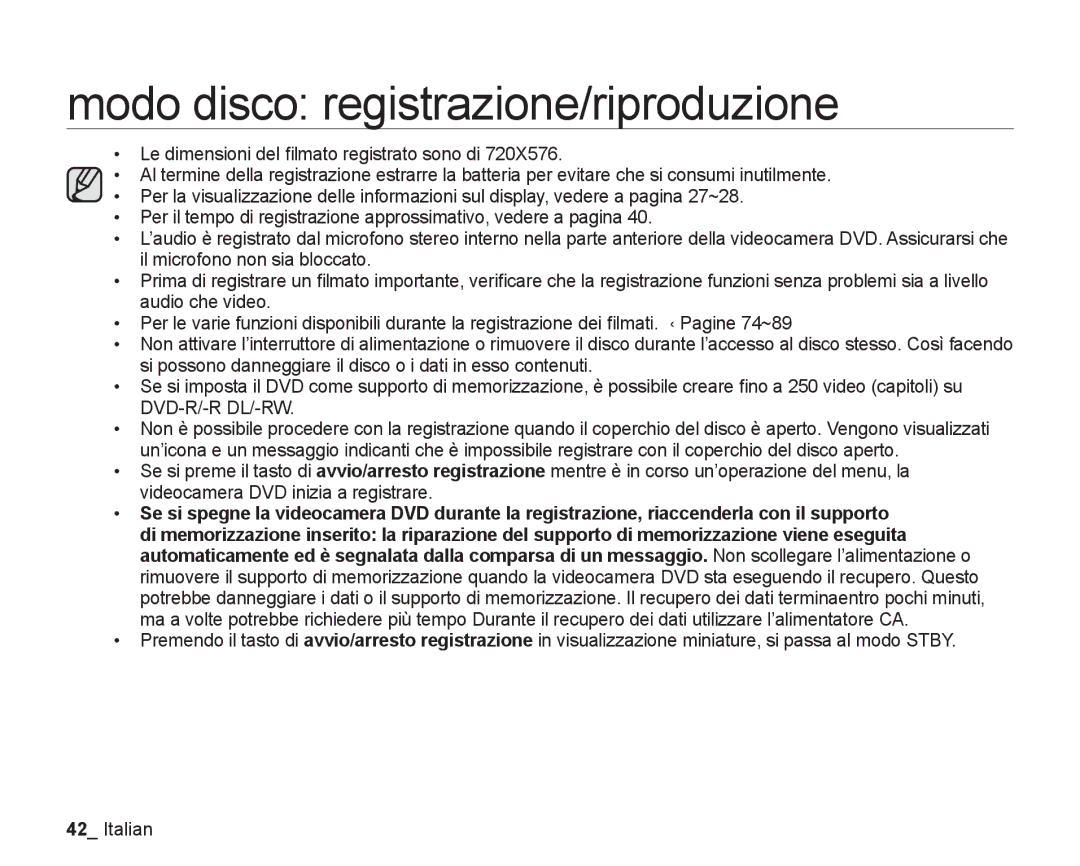 Samsung VP-DX205/EDC, VP-DX200/EDC manual Modo disco registrazione/riproduzione 