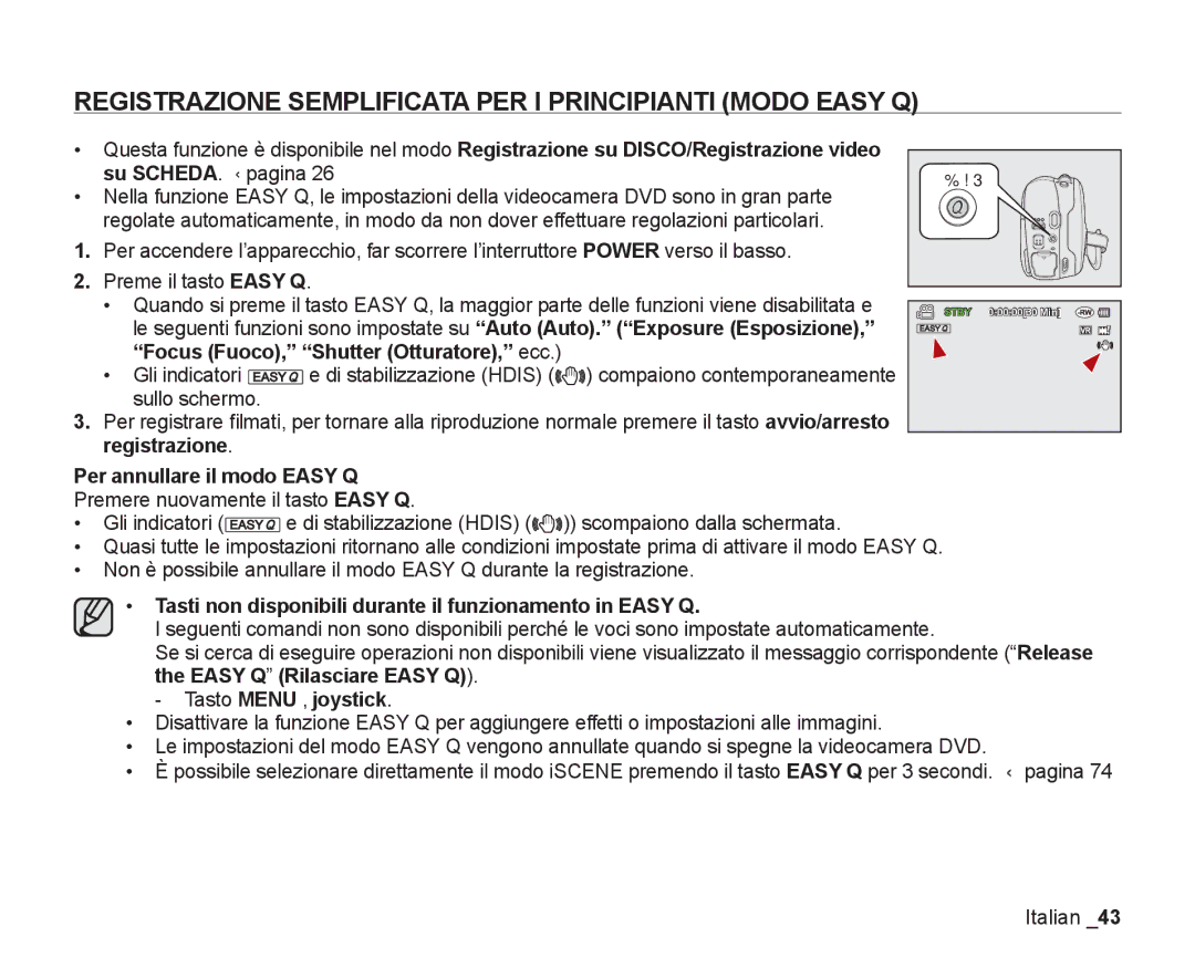 Samsung VP-DX200/EDC manual Registrazione Semplificata PER I Principianti Modo Easy Q, Focus Fuoco, Shutter Otturatore, ecc 