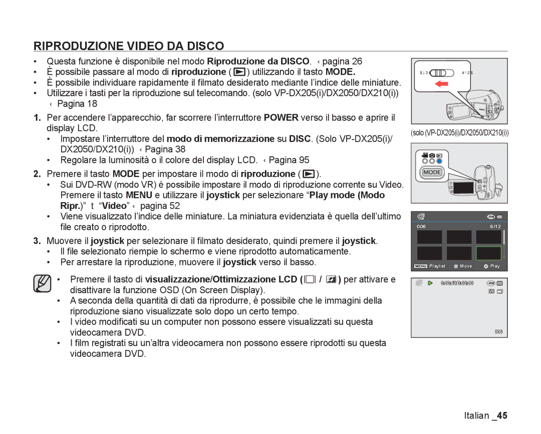 Samsung VP-DX200/EDC, VP-DX205/EDC manual Riproduzione Video DA Disco 