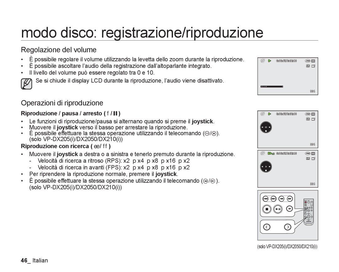 Samsung VP-DX205/EDC, VP-DX200/EDC Regolazione del volume, Operazioni di riproduzione, Riproduzione / pausa / arresto f 