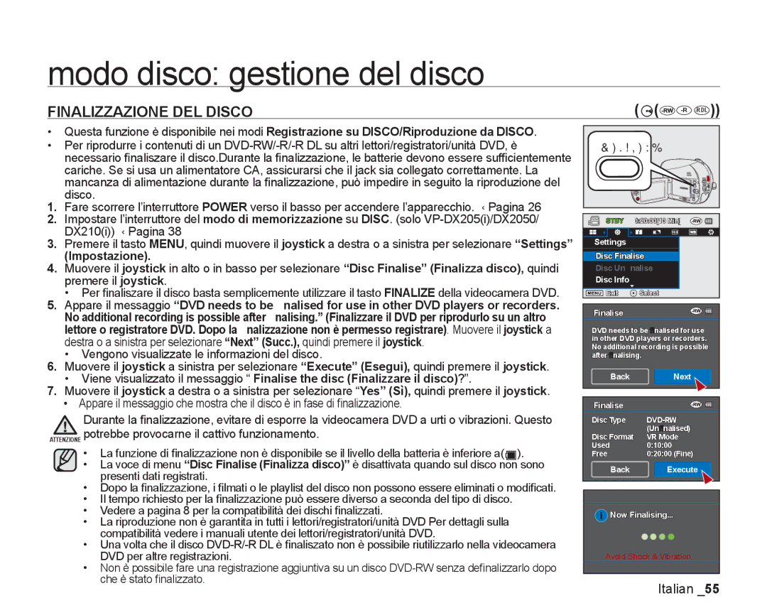 Samsung VP-DX200/EDC Modo disco gestione del disco, Impostazione, Attenzione potrebbe provocarne il cattivo funzionamento 