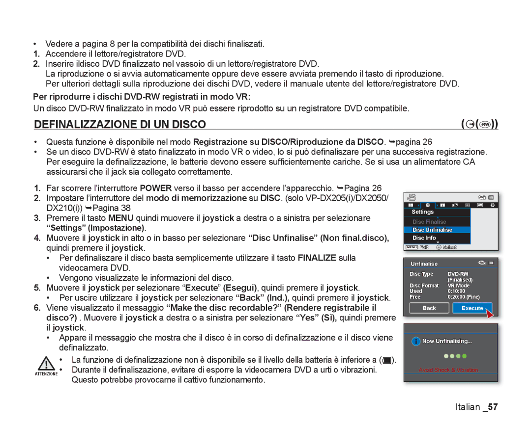 Samsung VP-DX200/EDC, VP-DX205/EDC manual Definalizzazione DI UN Disco, Per riprodurre i dischi DVD-RW registrati in modo VR 