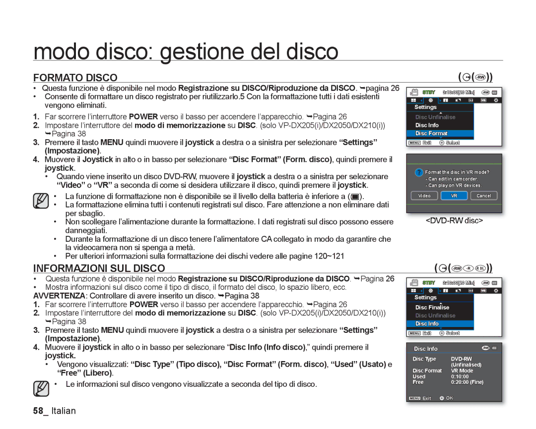 Samsung VP-DX205/EDC, VP-DX200/EDC manual Impostazione, Joystick, Free Libero 